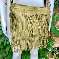 Cross body fringe bag. BOHO suede leather bag in GREEN with FRINGES. Larger model. genuine suede crossbody hippy bag. Green fringed bag