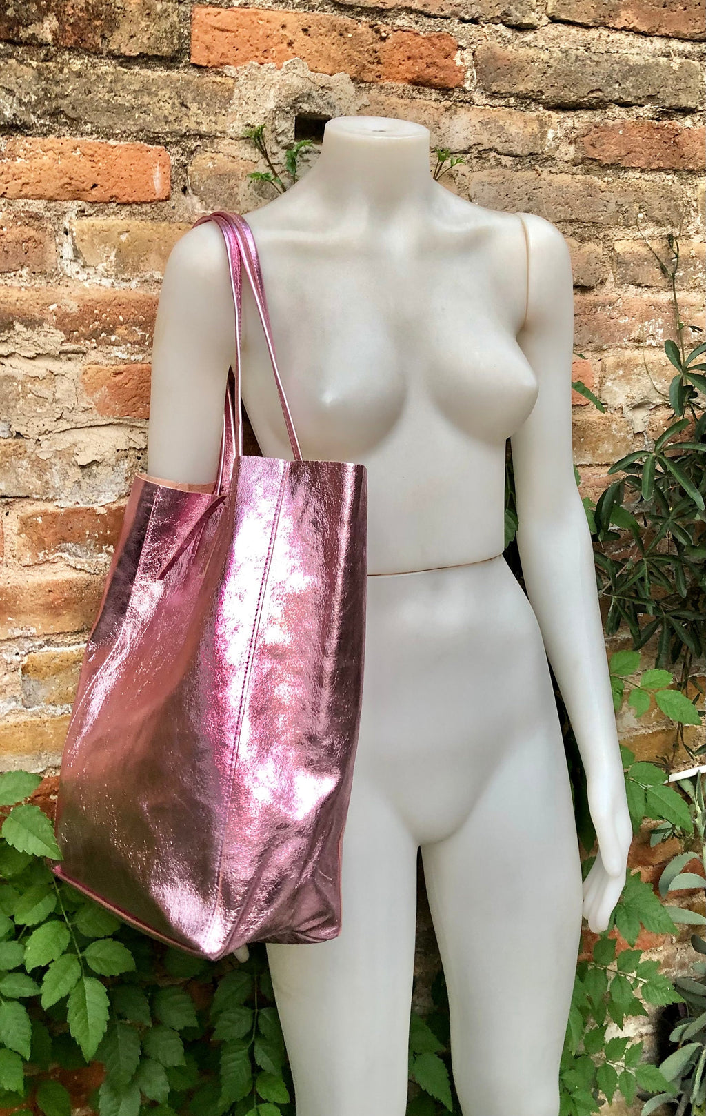 Light metallic PINK tote leather bag. Leather shopper in soft shiny finish GENUINE leather.Glitter pink purse for your laptop, tablet, books
