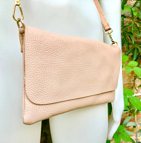 Small light dusty pink bag. Pink crossbody/ shoulder bag in GENUINE leather. Adjustable strap , zipper + flap. Light dusty pink purse