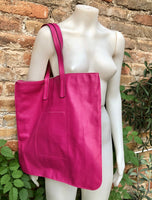 HOT PINK leather bag with zipper. Genuine leather shopper bag. Large FUCHSIA shoulder bag for your laptop, books. Hot pink purse