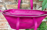 HOT PINK leather bag with zipper. Genuine leather shopper bag. Large FUCHSIA shoulder bag for your laptop, books. Hot pink purse