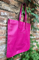 HOT PINK leather bag with zipper. Genuine leather shopper bag. Large FUCHSIA shoulder bag for your laptop, books. Hot pink purse