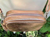 Small leather bag in pink gold. Cross body bag, shoulder bag in GENUINE leather. Metallic shine leather bag. Pink gold leather purse.