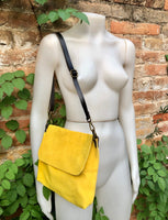 YELLOW messenger bag in genuine suede leather. Yellow rossbody / shoulder bag. Bright yellow suede purse. Adjustable strap zipper and flap.