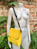 YELLOW messenger bag in genuine suede leather. Yellow rossbody / shoulder bag. Bright yellow suede purse. Adjustable strap zipper and flap.