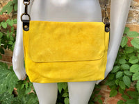 YELLOW messenger bag in genuine suede leather. Yellow rossbody / shoulder bag. Bright yellow suede purse. Adjustable strap zipper and flap.