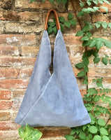 Slouch leather bag in blue - gray suede. Genuine leather shoulder / shopper bag. Origami bag. Camel brown leather accent. Blue suede purse