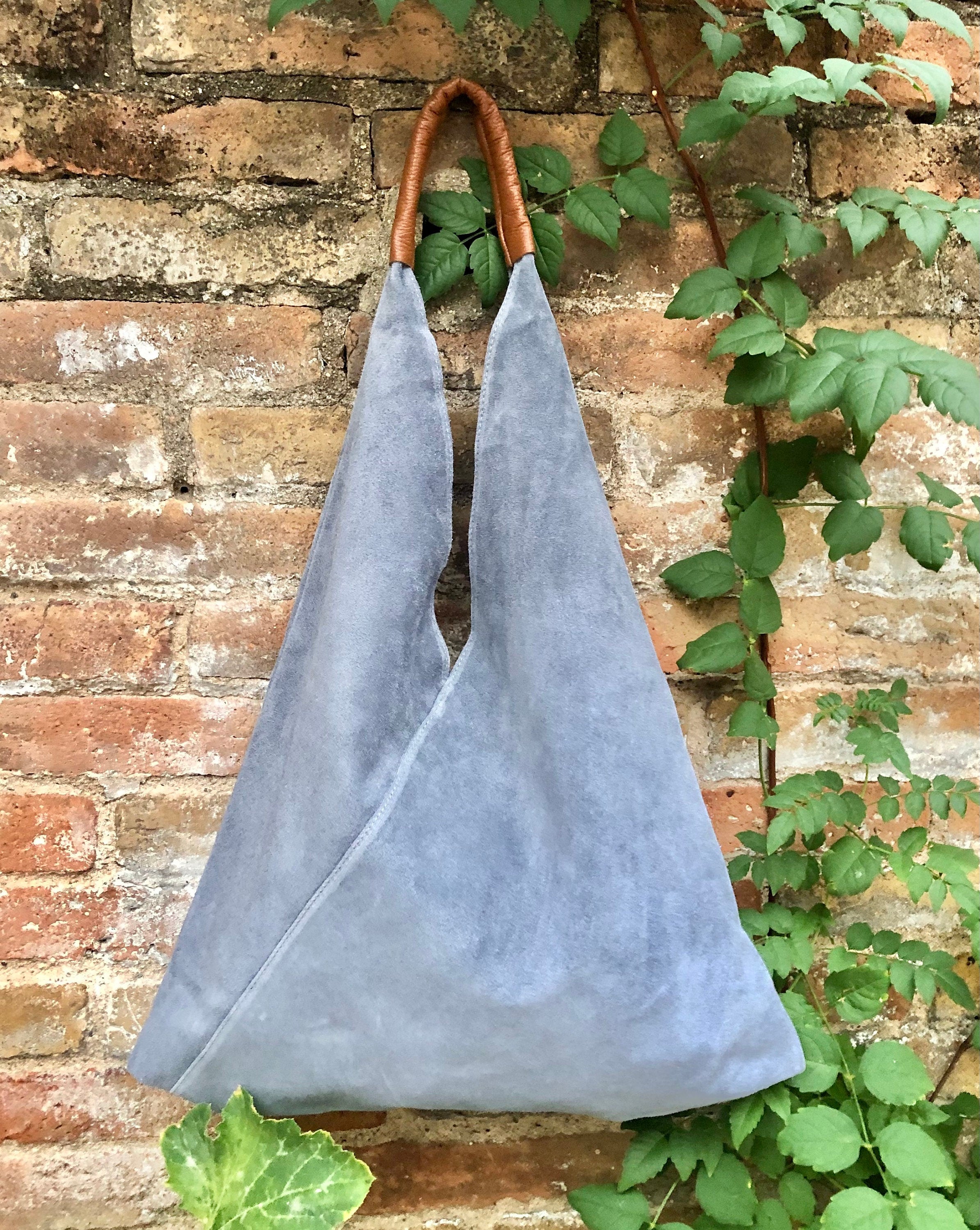 Slouch leather bag in blue - gray suede. Genuine leather shoulder / shopper bag. Origami bag. Camel brown leather accent. Blue suede purse