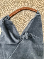 Slouch leather bag in blue - gray suede. Genuine leather shoulder / shopper bag. Origami bag. Camel brown leather accent. Blue suede purse