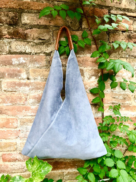 Slouch leather bag in blue - gray suede. Genuine leather shoulder / shopper bag. Origami bag. Camel brown leather accent. Blue suede purse