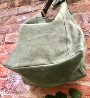 Slouch leather bag in light GREEN. Hobo shoulder bag with brown leather strap. Genuine suede leather book / tablet bags. GREEN suede purse