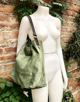 Slouch leather bag in light GREEN. Hobo shoulder bag with brown leather strap. Genuine suede leather book / tablet bags. GREEN suede purse