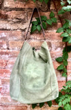 Slouch leather bag in light GREEN. Hobo shoulder bag with brown leather strap. Genuine suede leather book / tablet bags. GREEN suede purse