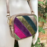 Metallic shine leather bag. Cross body / shoulder bag in GENUINE leather. Adjustable removable strap. Hot pink, green, purple, bronze purse