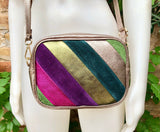 Metallic shine leather bag. Cross body / shoulder bag in GENUINE leather. Adjustable removable strap. Hot pink, green, purple, bronze purse