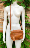 Small leather bag in Camel brown. Cross body bag, shoulder bag in GENUINE leather. Saddle brown leather bag with adjustable strap and zipper