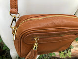 Small leather bag in Camel brown. Cross body bag, shoulder bag in GENUINE leather. Saddle brown leather bag with adjustable strap and zipper