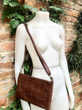 Small leather bag in dark camel brown. GENUINE leather crossbody bag. Brown purse with zipper and remomable wistlet. Brown leather bag