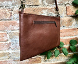 Small leather bag in dark camel brown. GENUINE leather crossbody bag. Brown purse with zipper and remomable wistlet. Brown leather bag