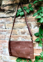 Small leather bag in dark camel brown. GENUINE leather crossbody bag. Brown purse with zipper and remomable wistlet. Brown leather bag