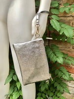 Small leather bag in METALLIC SILVER .Cross body, shoulder bag or wristlet in GENUINE leather. Silver leather purse + adjustable strap