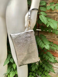 Small leather bag in METALLIC SILVER .Cross body, shoulder bag or wristlet in GENUINE leather. Silver leather purse + adjustable strap