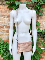 Small genuine leather bag in METALLIC light pink. Cross body / shoulder bag or wristlet. Small glitter leather peach pink purse . Rose gold