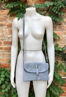 Suede leather bag in BLUE GRAY. Crossbody bag in GENUINE leather. Gray small leather bag with adjustable strap and zipper.