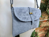 Suede leather bag in BLUE GRAY. Crossbody bag in GENUINE leather. Gray small leather bag with adjustable strap and zipper.