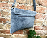 Suede leather bag in BLUE GRAY. Crossbody bag in GENUINE leather. Gray small leather bag with adjustable strap and zipper.