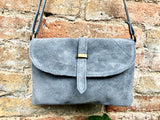 Suede leather bag in BLUE GRAY. Crossbody bag in GENUINE leather. Gray small leather bag with adjustable strap and zipper.