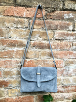 Suede leather bag in BLUE GRAY. Crossbody bag in GENUINE leather. Gray small leather bag with adjustable strap and zipper.