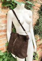 Dark brown suede leather bag. Boho messenger bag. GENUINE LEATHER Cross body or shoulder bag. Brown suede leather purse with zipper