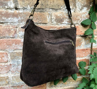 Dark brown suede leather bag. Boho messenger bag. GENUINE LEATHER Cross body or shoulder bag. Brown suede leather purse with zipper