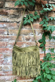 Cross body fringe bag. BOHO suede leather bag in GREEN with FRINGES. Larger model. genuine suede crossbody hippy bag. Green fringed bag