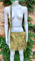 Cross body fringe bag. BOHO suede leather bag in GREEN with FRINGES. Larger model. genuine suede crossbody hippy bag. Green fringed bag