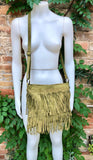 Cross body fringe bag. BOHO suede leather bag in GREEN with FRINGES. Larger model. genuine suede crossbody hippy bag. Green fringed bag