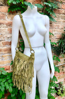 Cross body fringe bag. BOHO suede leather bag in GREEN with FRINGES. Larger model. genuine suede crossbody hippy bag. Green fringed bag