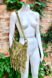 Cross body fringe bag. BOHO suede leather bag in GREEN with FRINGES. Larger model. genuine suede crossbody hippy bag. Green fringed bag