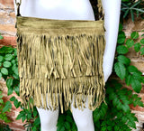 Cross body fringe bag. BOHO suede leather bag in GREEN with FRINGES. Larger model. genuine suede crossbody hippy bag. Green fringed bag