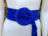 Royal blue suede waist belt with large round buckle. Boho soft suede belt in cobalt blue. Genuine natural deep blue suede leather