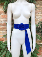 Royal blue suede waist belt with large round buckle. Boho soft suede belt in cobalt blue. Genuine natural deep blue suede leather