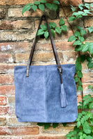 TOTE leather bag in blue - gray. Genuine soft natural suede purse. Denim blue color large SHOPPER leather bag. Laptop bag in blue suede.