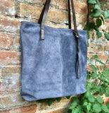 TOTE leather bag in blue - gray. Genuine soft natural suede purse. Denim blue color large SHOPPER leather bag. Laptop bag in blue suede.