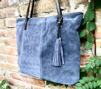 TOTE leather bag in blue - gray. Genuine soft natural suede purse. Denim blue color large SHOPPER leather bag. Laptop bag in blue suede.