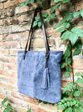 TOTE leather bag in blue - gray. Genuine soft natural suede purse. Denim blue color large SHOPPER leather bag. Laptop bag in blue suede.