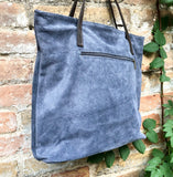 TOTE leather bag in blue - gray. Genuine soft natural suede purse. Denim blue color large SHOPPER leather bag. Laptop bag in blue suede.