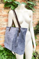 TOTE leather bag in blue - gray. Genuine soft natural suede purse. Denim blue color large SHOPPER leather bag. Laptop bag in blue suede.