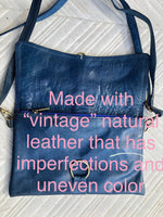 Small cross body bag in navy blue “distressed” vintage style genuine leather. Enveloppe bag with adjustable strap and flap. Boho blue purse