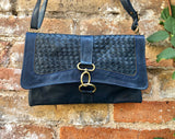 Small cross body bag in navy blue “distressed” vintage style genuine leather. Enveloppe bag with adjustable strap and flap. Boho blue purse